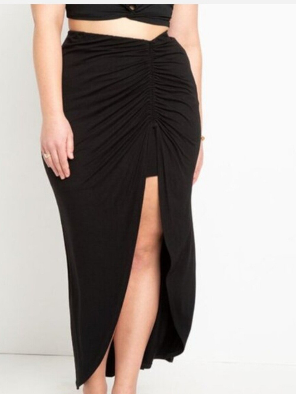Eloquii Black Ruched Front-Slit Maxi Skirt